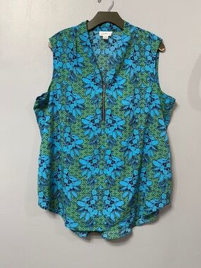 #17)  Sleeveless Floral Zip-Front Camisole - Blue & Green